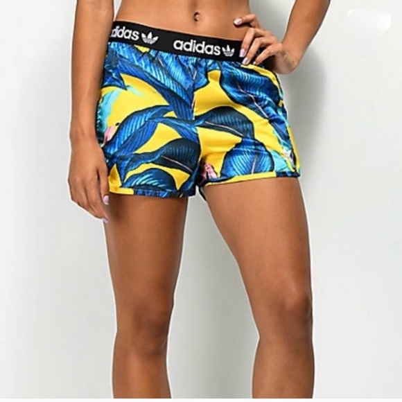 Adidas Farm Rio Women's Tropical Big Blue Leaf & Yellow Athletic Shorts, Size M - Picture 1 of 8